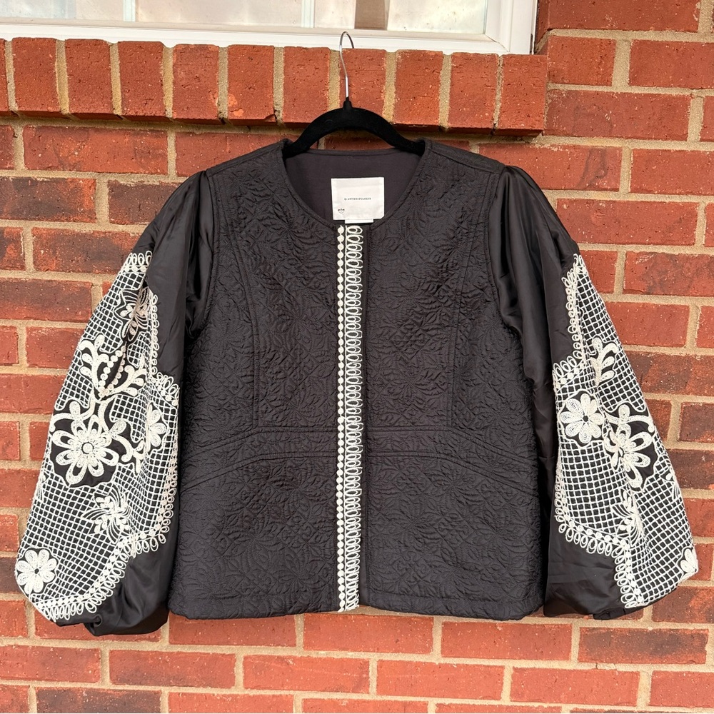 NWT Anthropologie Quilted Satin Floral Embroidered Puff Sleeve Jacket | Sz Large
